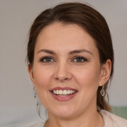 Joyful white adult female with medium  brown hair and brown eyes