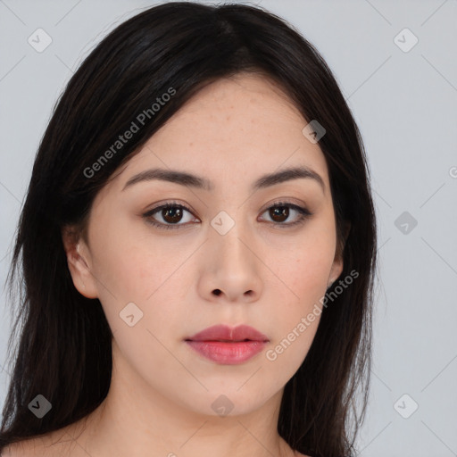 Neutral asian young-adult female with long  black hair and brown eyes