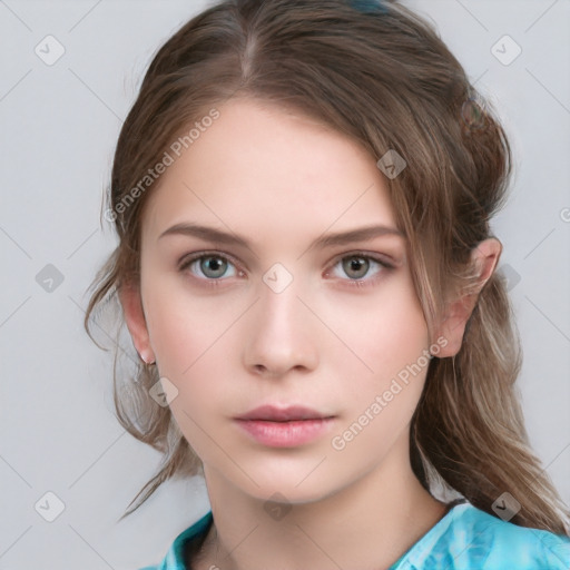 Neutral white young-adult female with medium  brown hair and grey eyes