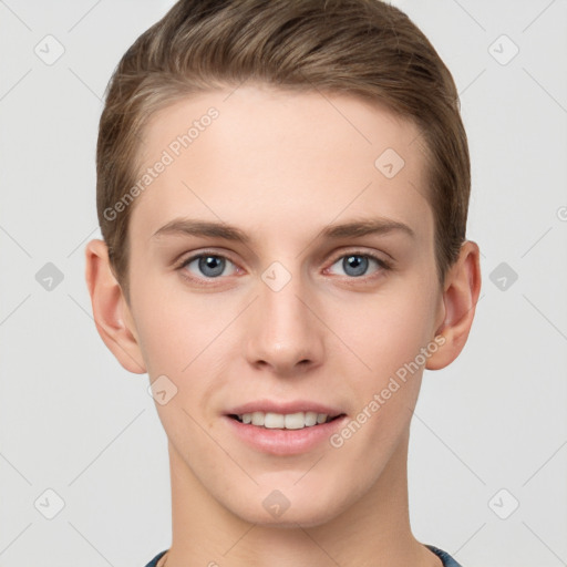 Joyful white young-adult female with short  brown hair and grey eyes