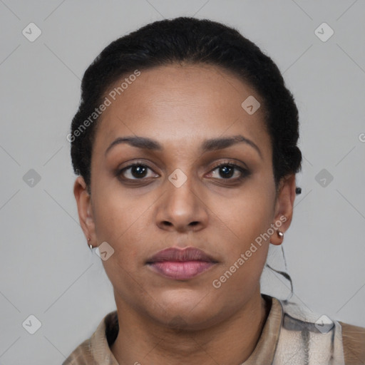 Neutral black young-adult female with short  black hair and brown eyes