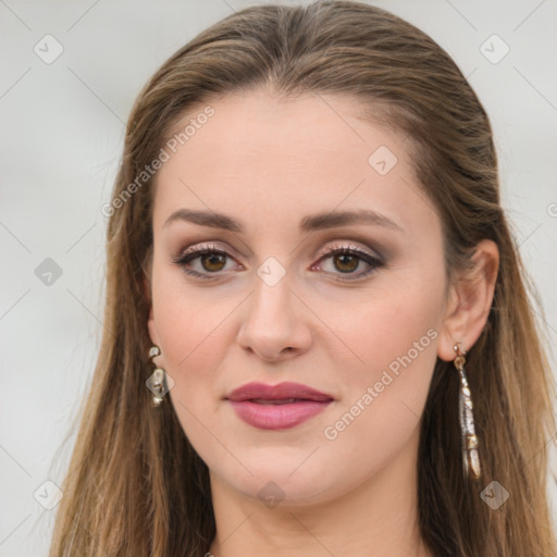 Joyful white young-adult female with long  brown hair and green eyes