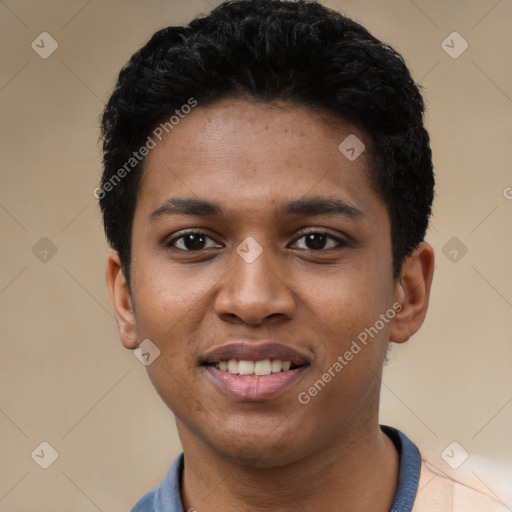 Joyful black young-adult male with short  black hair and brown eyes