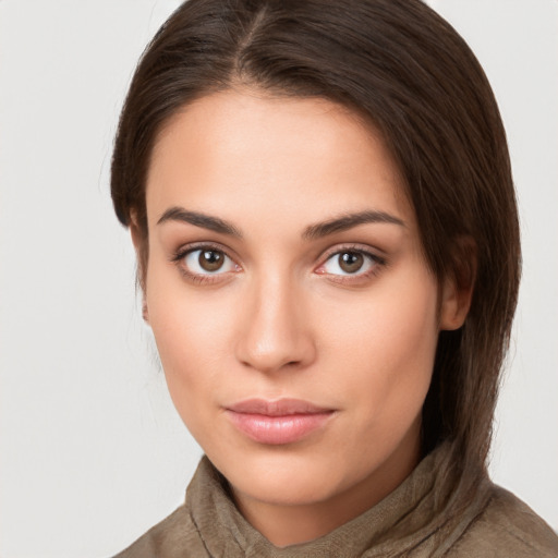 Neutral white young-adult female with medium  brown hair and brown eyes