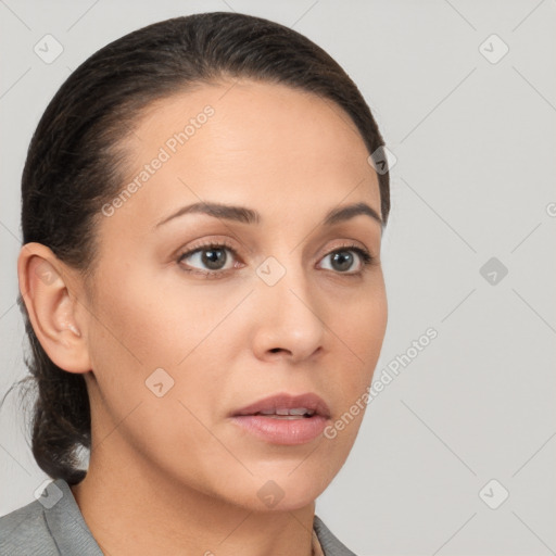 Neutral white young-adult female with medium  brown hair and brown eyes