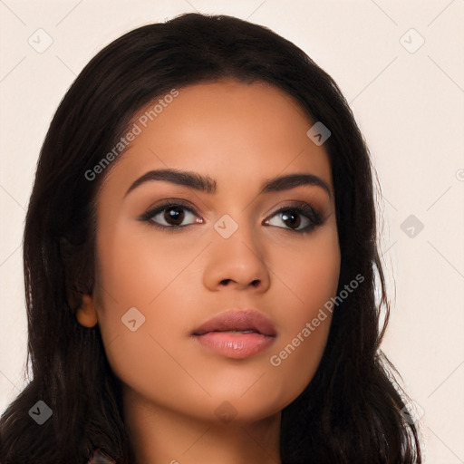 Neutral latino young-adult female with long  black hair and brown eyes