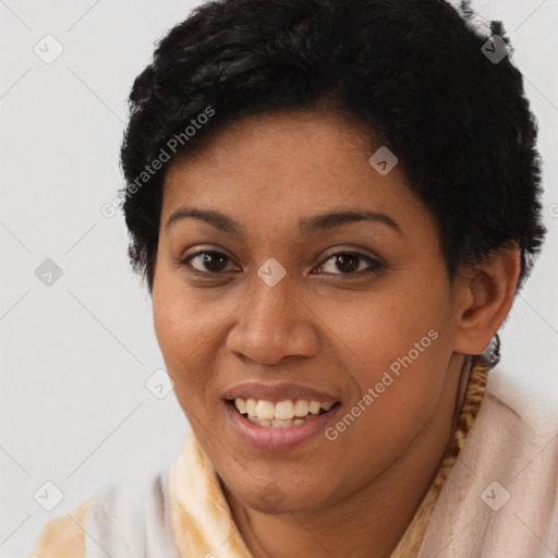 Joyful latino young-adult female with short  brown hair and brown eyes