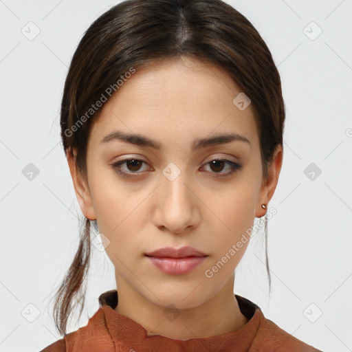 Neutral white young-adult female with medium  brown hair and brown eyes