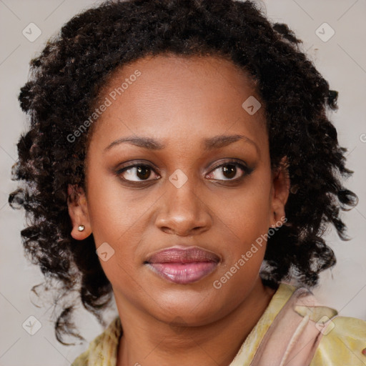 Joyful black young-adult female with medium  brown hair and brown eyes