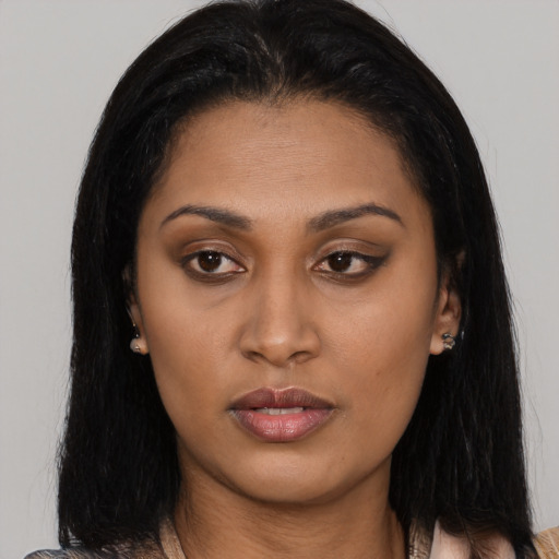 Neutral asian young-adult female with long  brown hair and brown eyes