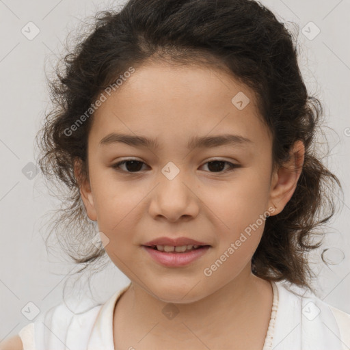 Joyful white child female with medium  brown hair and brown eyes