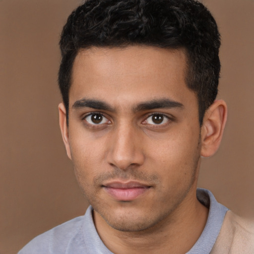 Neutral latino young-adult male with short  brown hair and brown eyes