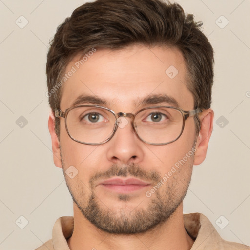 Neutral white adult male with short  brown hair and brown eyes