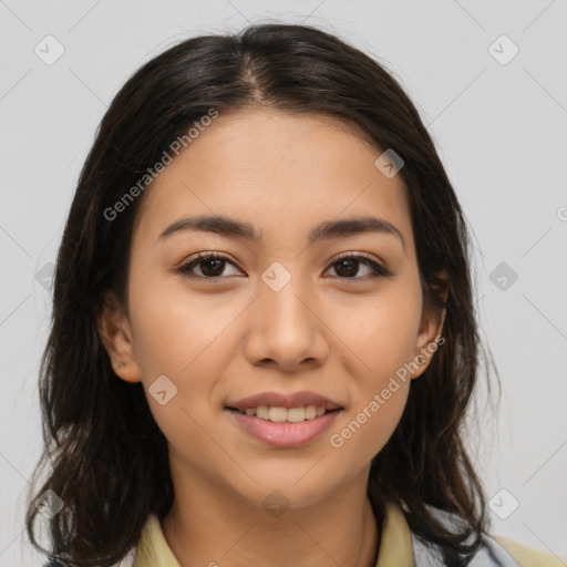 Joyful latino young-adult female with medium  brown hair and brown eyes