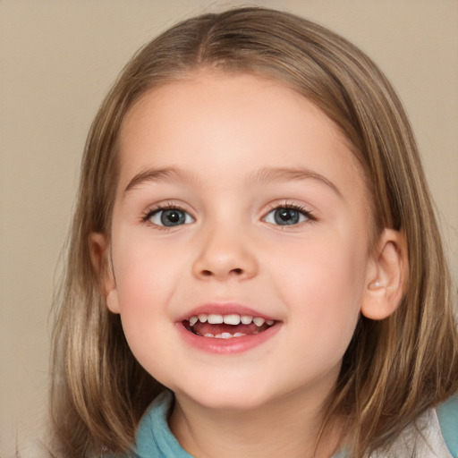 Joyful white child female with medium  brown hair and brown eyes