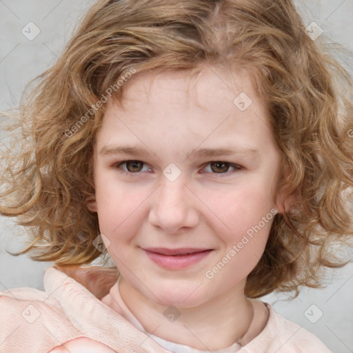 Joyful white child female with medium  brown hair and brown eyes