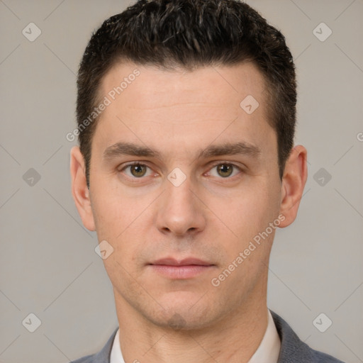 Neutral white young-adult male with short  brown hair and brown eyes