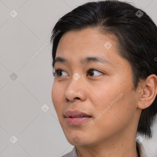 Neutral asian young-adult female with short  brown hair and brown eyes