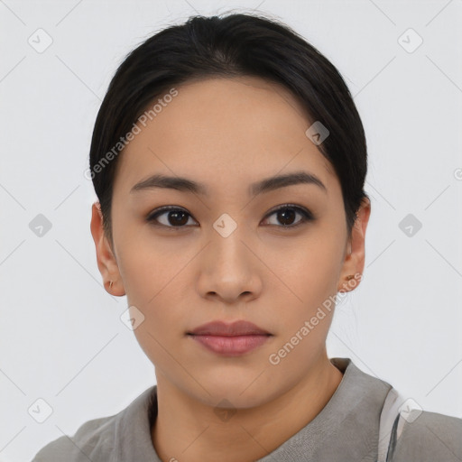 Neutral asian young-adult female with short  black hair and brown eyes