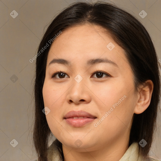 Joyful asian young-adult female with medium  brown hair and brown eyes