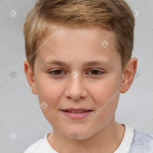 Joyful white child male with short  brown hair and brown eyes