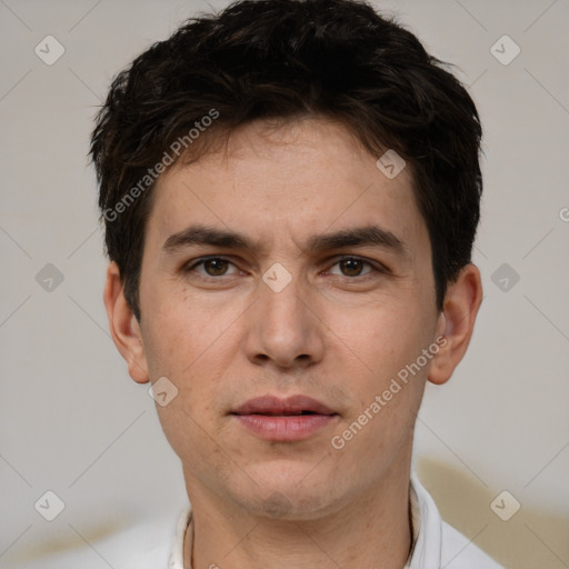 Neutral white young-adult male with short  brown hair and brown eyes