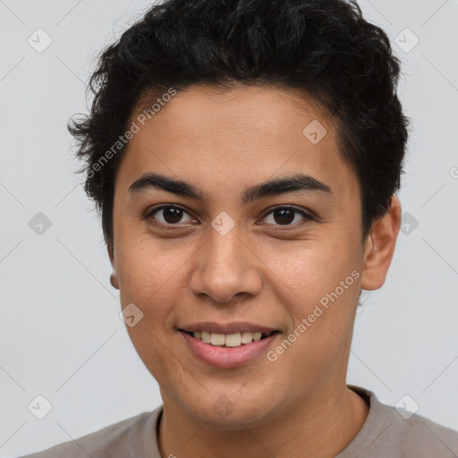 Joyful latino young-adult female with short  brown hair and brown eyes