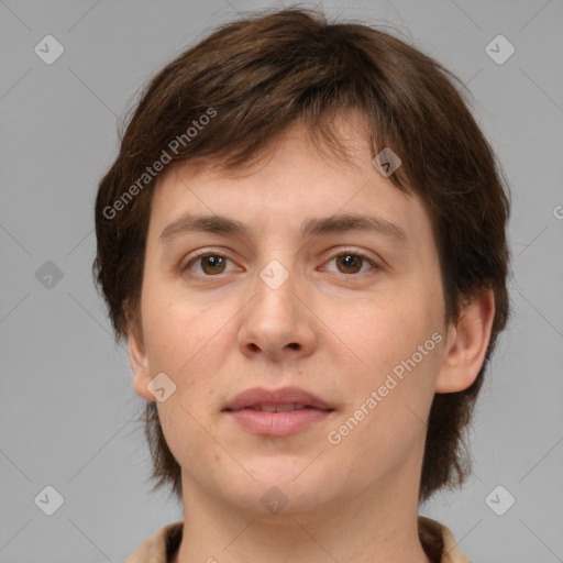 Neutral white young-adult female with medium  brown hair and brown eyes