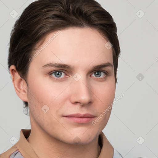 Neutral white young-adult male with short  brown hair and grey eyes