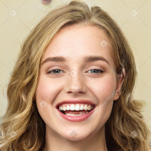 Joyful white young-adult female with long  brown hair and green eyes