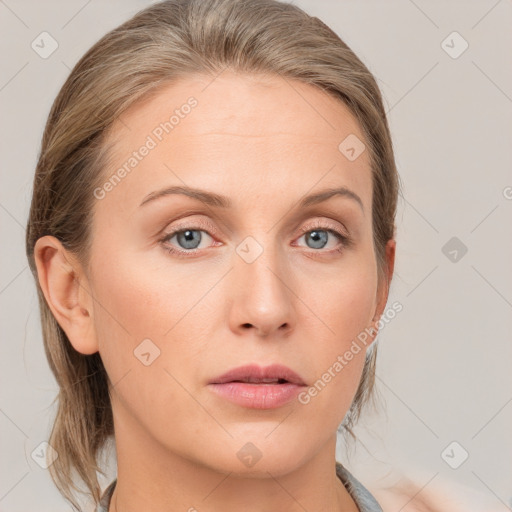 Neutral white young-adult female with medium  brown hair and grey eyes