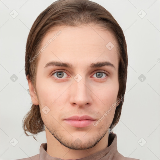 Neutral white young-adult male with short  brown hair and grey eyes