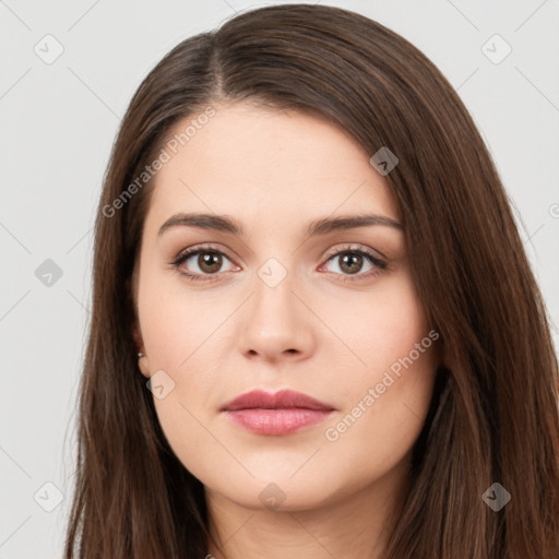 Neutral white young-adult female with long  brown hair and brown eyes