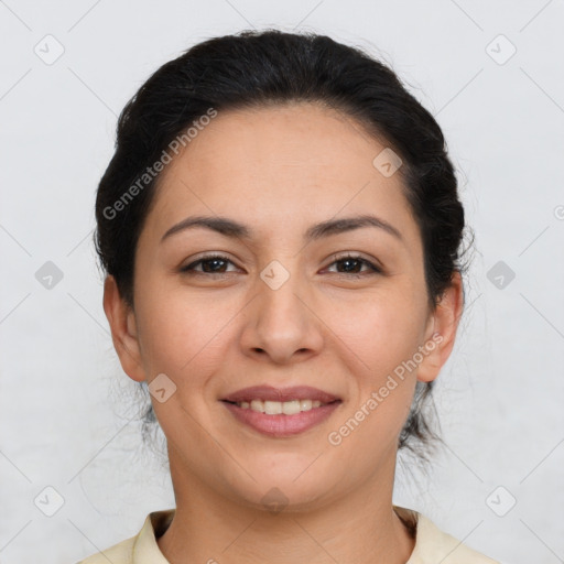 Joyful latino young-adult female with medium  brown hair and brown eyes