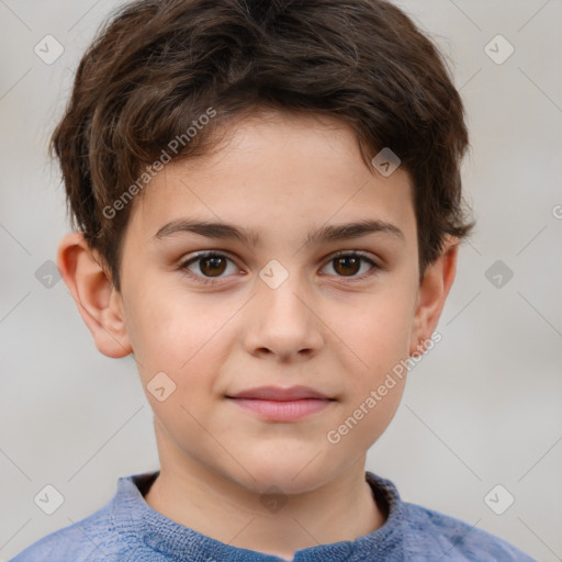 Joyful white child male with short  brown hair and brown eyes