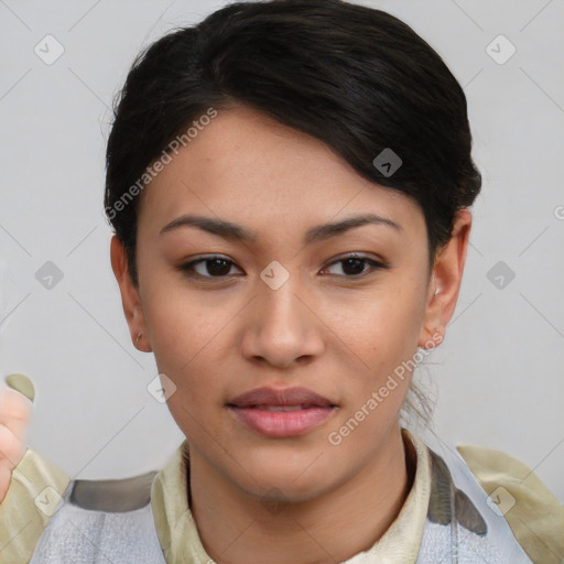 Joyful asian young-adult female with short  brown hair and brown eyes