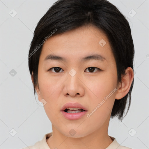 Neutral asian young-adult female with medium  brown hair and brown eyes