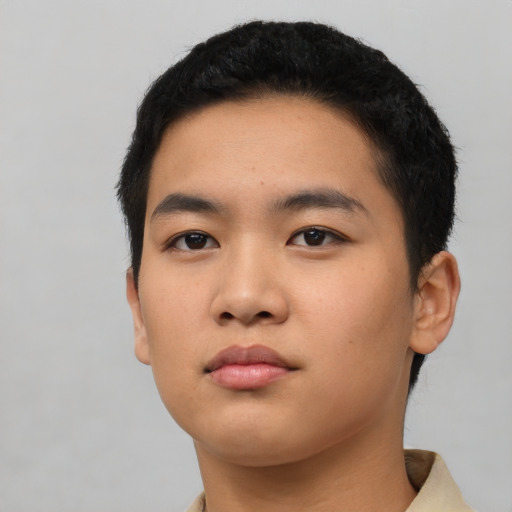 Neutral asian young-adult male with short  black hair and brown eyes