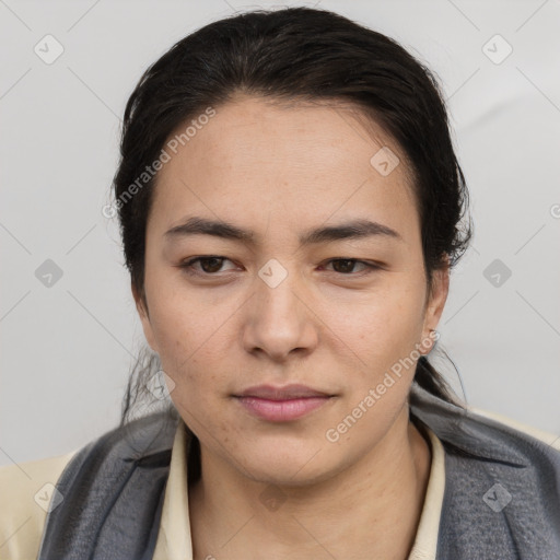 Neutral white young-adult female with medium  brown hair and brown eyes