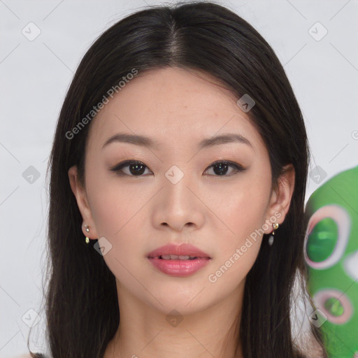 Neutral asian young-adult female with long  brown hair and brown eyes