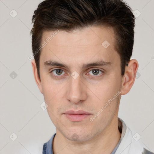 Neutral white young-adult male with short  brown hair and brown eyes