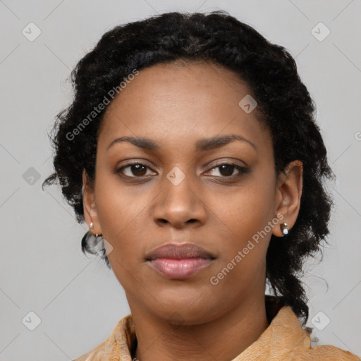 Neutral black young-adult female with short  black hair and brown eyes