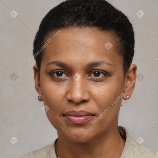 Joyful black young-adult female with short  black hair and brown eyes