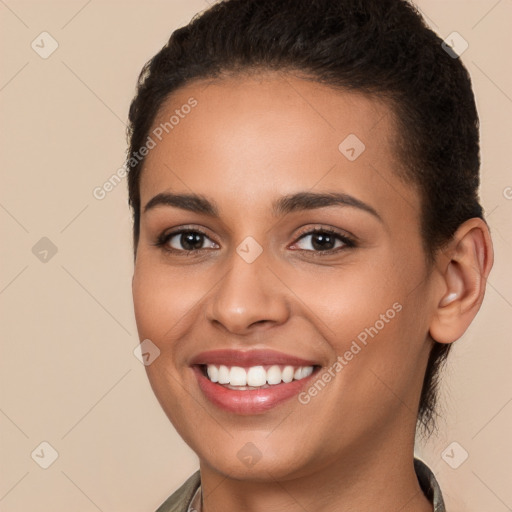 Joyful white young-adult female with long  brown hair and brown eyes