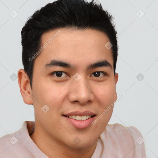 Joyful asian young-adult male with short  brown hair and brown eyes