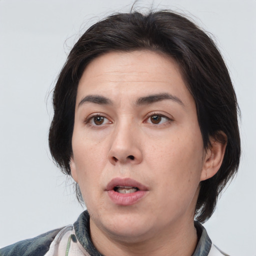 Neutral white young-adult female with medium  brown hair and brown eyes