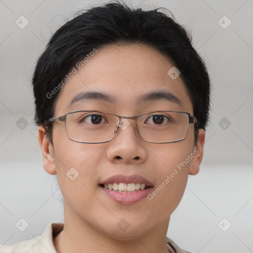 Joyful asian young-adult female with short  brown hair and brown eyes