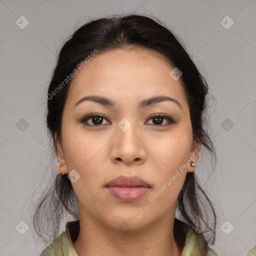 Neutral asian young-adult female with medium  brown hair and brown eyes