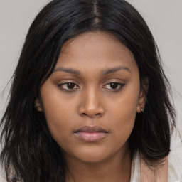 Neutral asian young-adult female with long  black hair and brown eyes