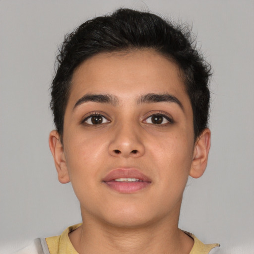 Neutral latino young-adult female with short  brown hair and brown eyes